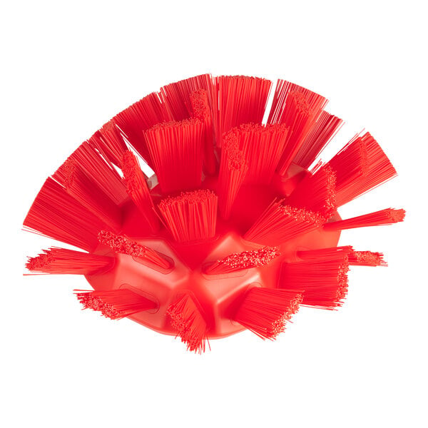 A red Vikan tank brush head with stiff polyester bristles.