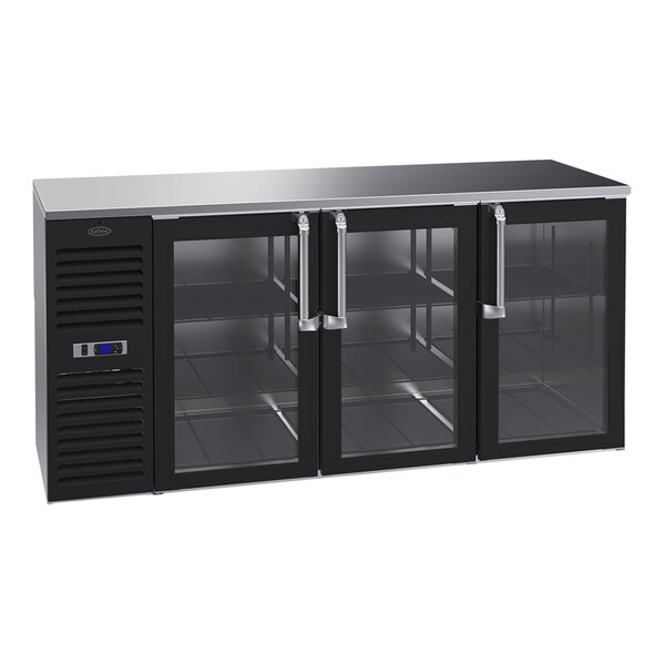 A black Krowne back bar refrigerator with glass doors and a stainless steel top.