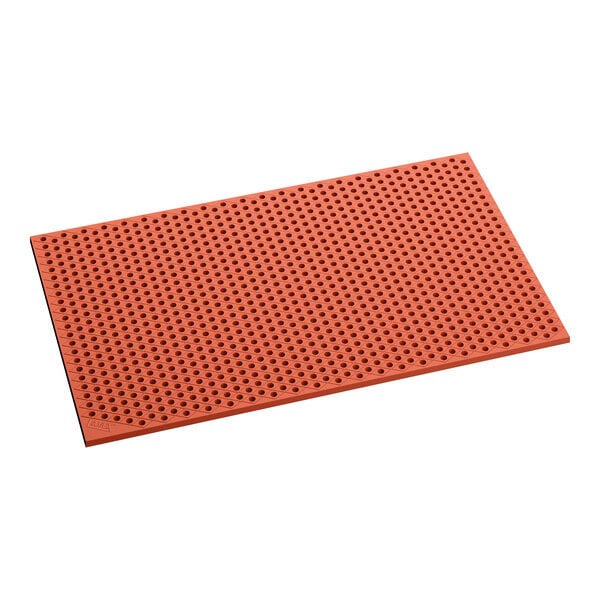 A red heavy-duty rubber anti-fatigue floor mat with a diamond pattern and straight edges, measuring 3 feet by 5 feet and 3/4 inch thick.