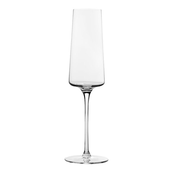 A close up of a Chef & Sommelier Grace wine glass with a clear stem and long bowl.