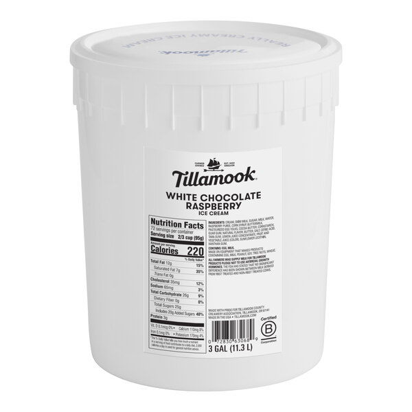 A white bucket of Tillamook White Chocolate Raspberry Premium Ice Cream with a white lid.