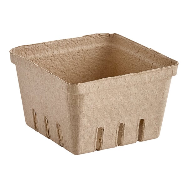 A square, brown pulp produce basket with slotted sides.