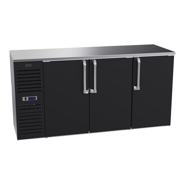 A black Krowne back bar refrigerator with narrow solid doors.