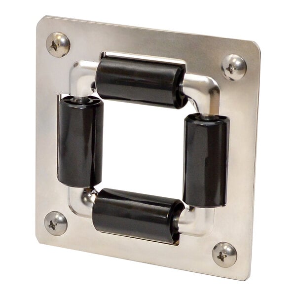 A metal frame with black and white plastic rollers.