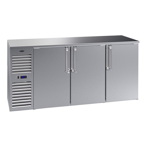 A Krowne stainless steel back bar refrigerator with two narrow doors.