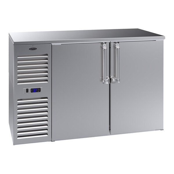 A Krowne stainless steel back bar refrigerator with two narrow doors.