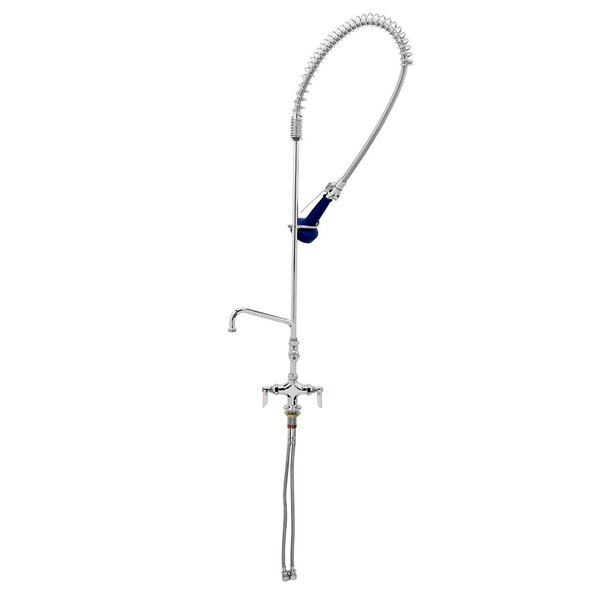 A T&amp;S silver pre-rinse faucet with a blue hose.