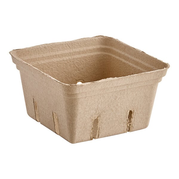 A square, brown pulp produce basket designed for holding fruits or vegetables.
