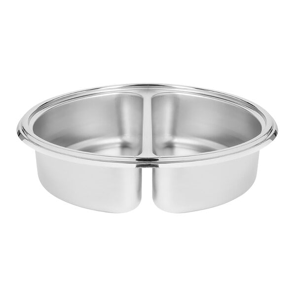 A silver stainless steel Abert Cosmo round food pan with a couple compartments.