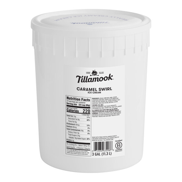 A white Tillamook ice cream bucket with a white lid and a label.