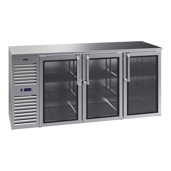 A Krowne stainless steel back bar refrigerator with glass doors.