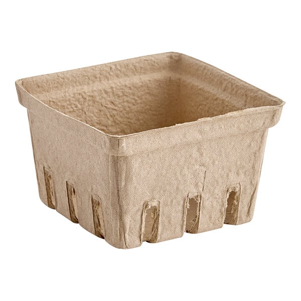A small, square, beige pulp produce basket.