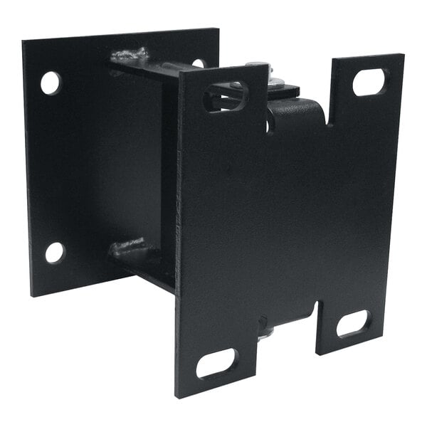 A black powder-coated steel Coxreels swing bracket with screws.