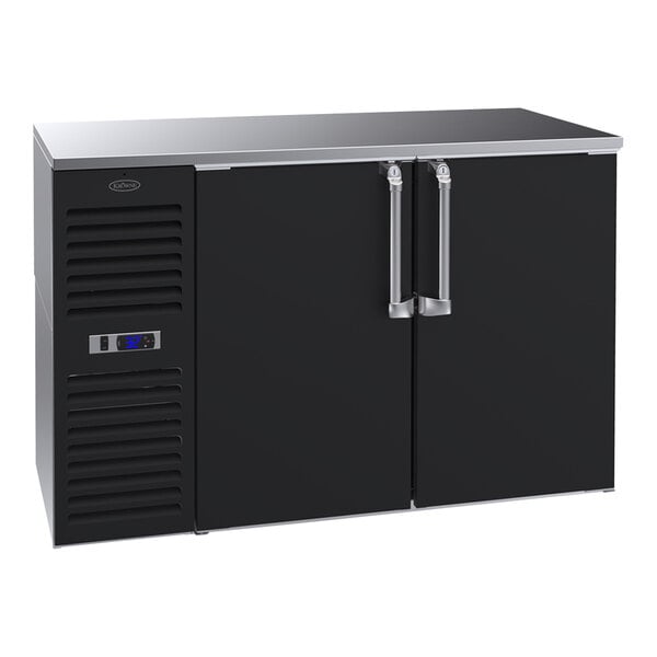 A black Krowne back bar refrigerator with two narrow solid doors.