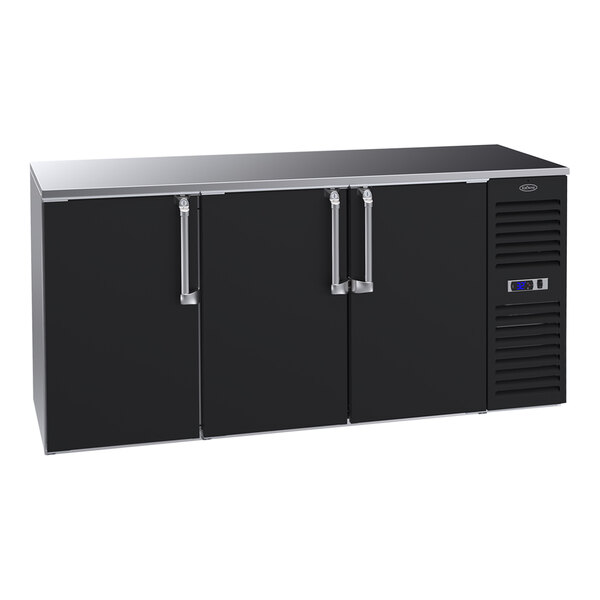 A black Krowne back bar refrigerator with stainless steel top and two narrow doors.