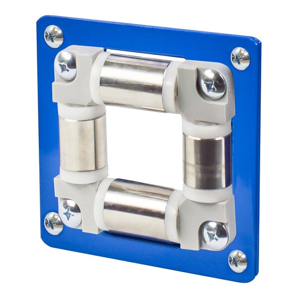 A blue square Coxreels steel roller bracket with stainless steel rollers and metal screws.