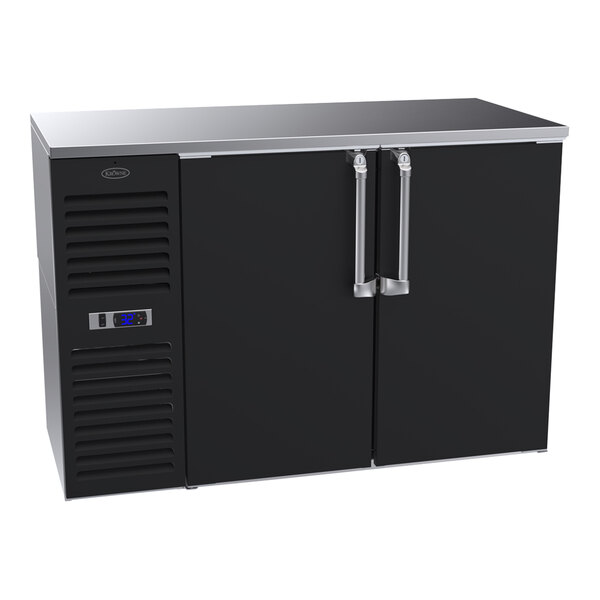 A black Krowne back bar refrigerator with two narrow doors.