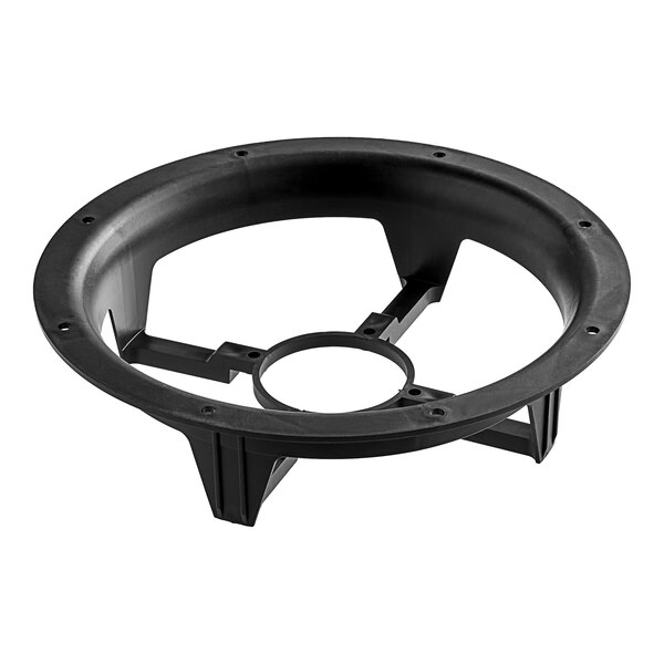 A black plastic circular fan bracket with a metal ring and a hole in the middle.