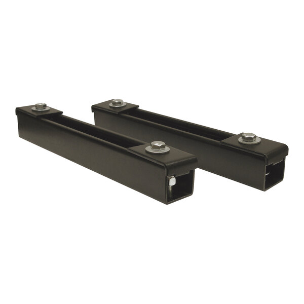 Two black metal brackets with screws on them.