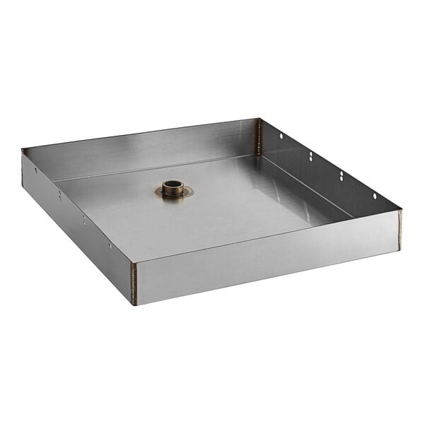 An Avantco stainless steel evaporator pan with a hole in the middle.
