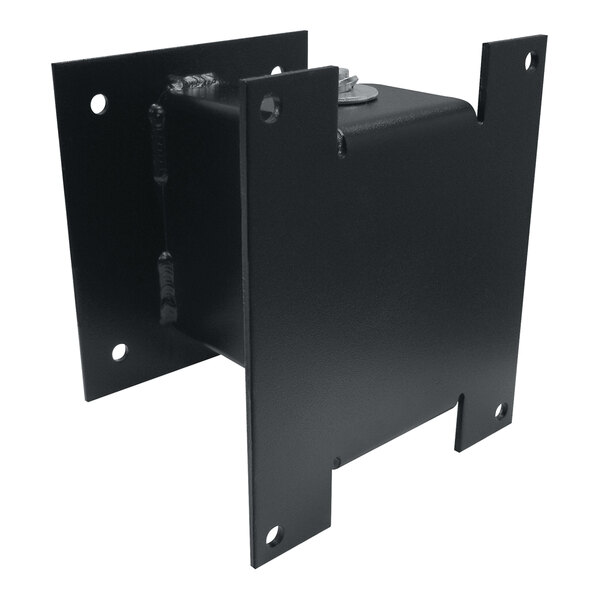A black powder-coated metal swing bracket with two holes.