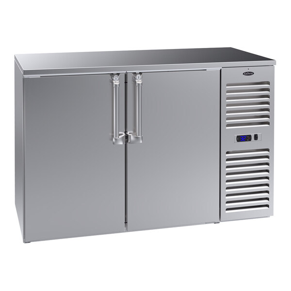 A Krowne stainless steel back bar refrigerator with two doors.