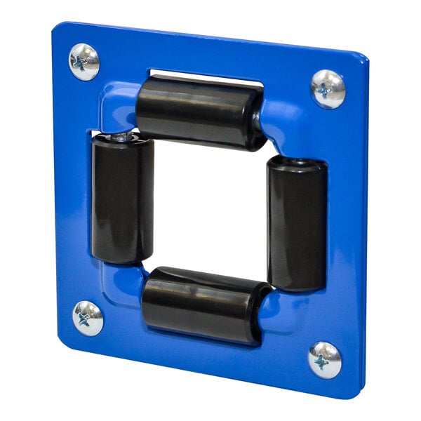 A blue Coxreels bracket with black and silver rollers.