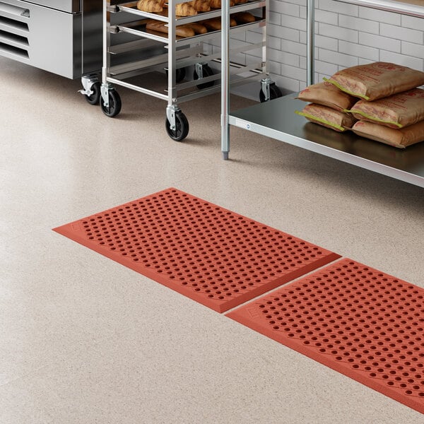 Lavex 2' x 3' Heavy-Duty Red Rubber Grease-Resistant Anti-Fatigue Diamond Floor Mat with Beveled Edge - 1/2" Thick