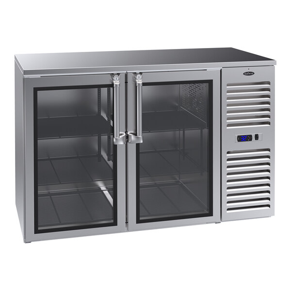 A silver Krowne stainless steel back bar refrigerator with glass doors.