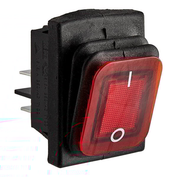 A close-up of an Avantco red push button switch with a red light.