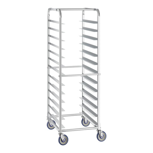A silver metal Regency pizza dough box rack with blue wheels.