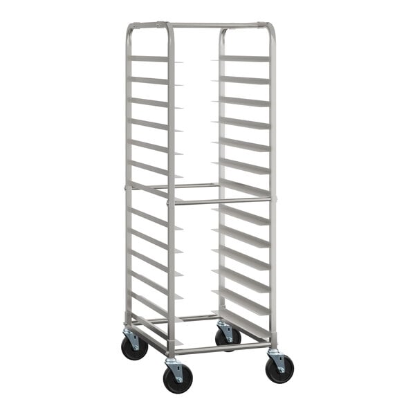 A metal end load rack with multiple slots for holding pizza dough boxes, equipped with four caster wheels for mobility.