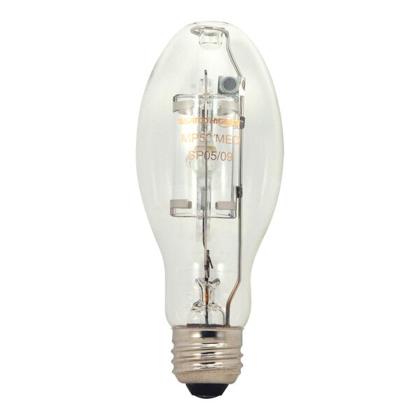 A close-up of a Satco clear metal halide light bulb with a black base.