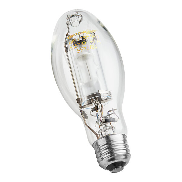 A close-up of a clear Satco metal halide light bulb with a clear base.