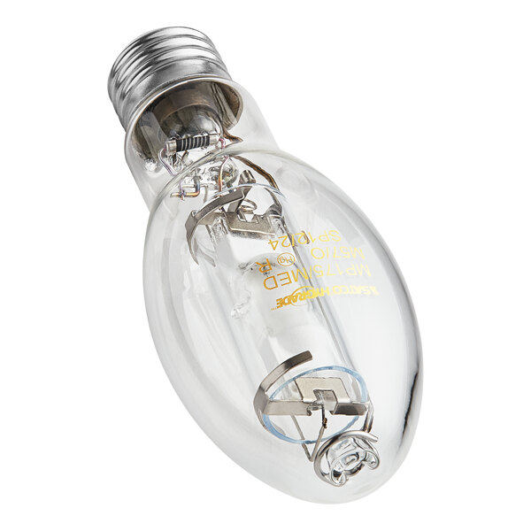 A close-up of a Satco clear metal halide light bulb with a silver metal base.