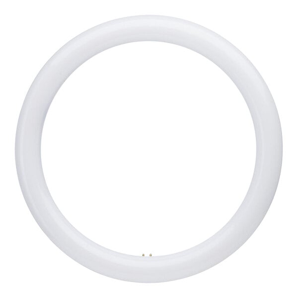 A white circular Satco LED light bulb with a hole in the middle.