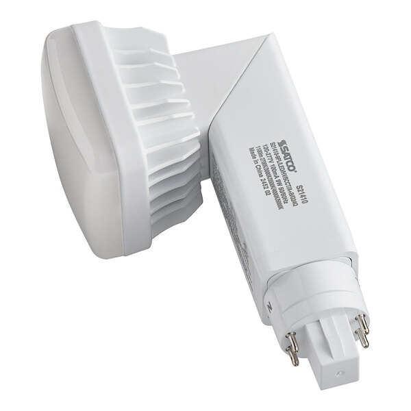 A close-up of a Satco Type A/B LED lamp with a white housing