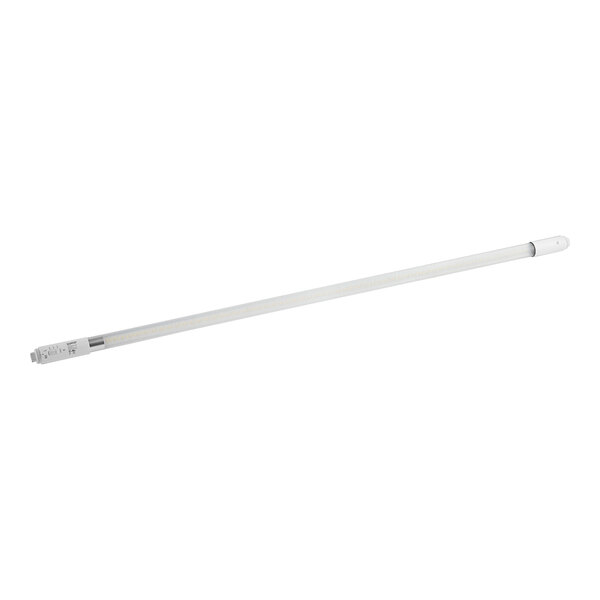A long white Satco T8 LED tube with a white cap.