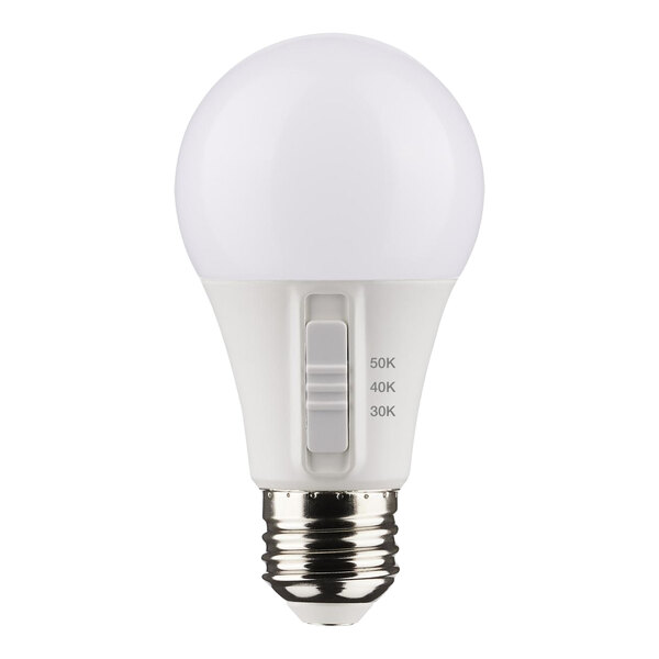 A Satco 9W A19 LED light bulb with a switch to change between 3 color temperatures.