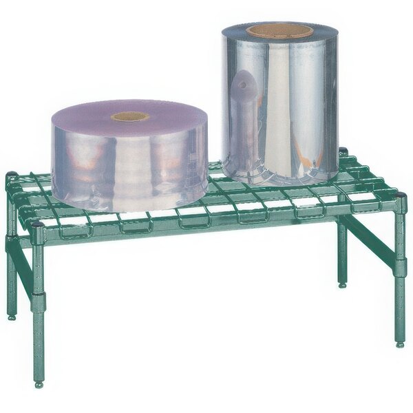 A Metroseal 3 dunnage rack with two rolls of plastic wrap on a wire mat.