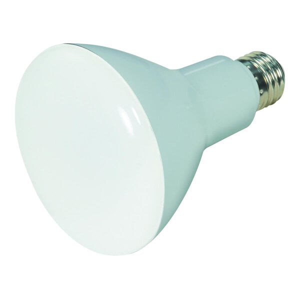 A Satco BR30 Natural Light LED light bulb with a white base on a white background.