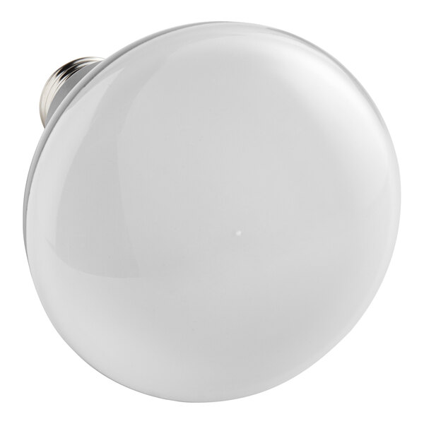 A close up of a Satco BR30 white LED light bulb with a silver base.
