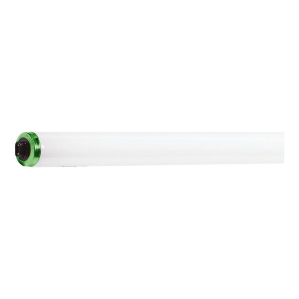 A close-up of a Philips T12 Cool White fluorescent tube with green trim on the end.