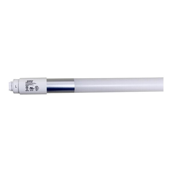 A Satco frosted LED tube light with a white surface and silver cap.