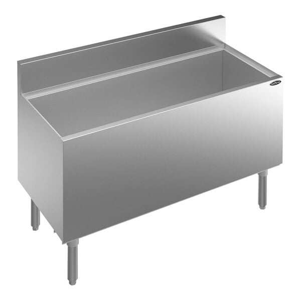 A stainless steel Krowne Royal Series underbar ice bin with a 10 circuit post-mix cold plate and a lid.