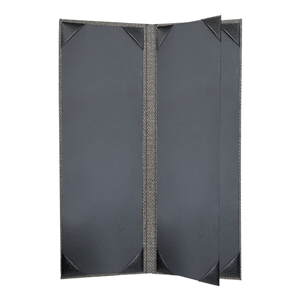 A customizable smoke grey rectangular menu cover with four views.
