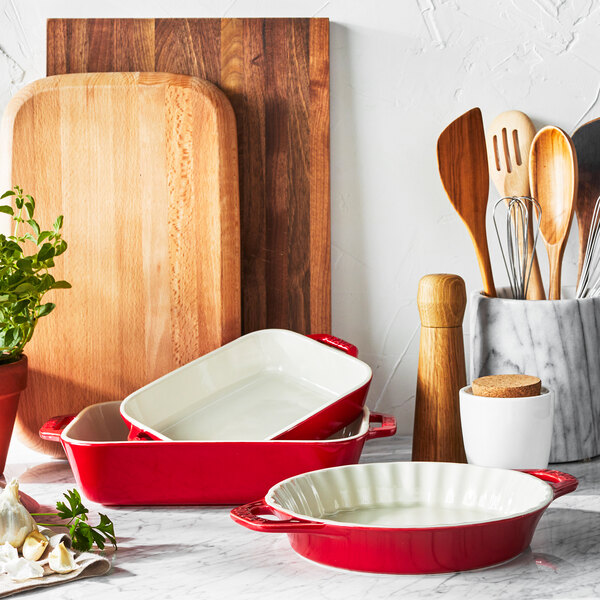 A red and white Staub pie pan.