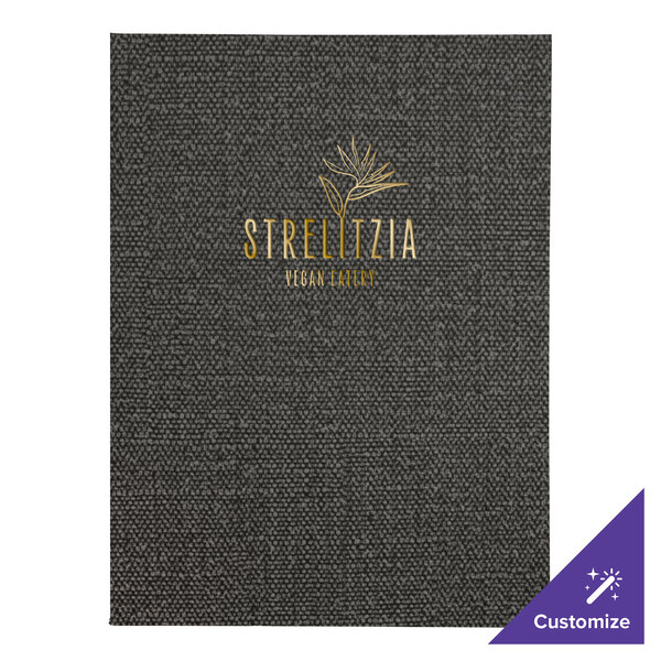 A black menu cover with gold lettering on it.