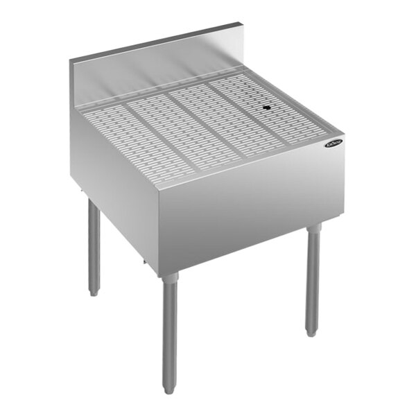 A Krowne stainless steel underbar drainboard with a drain.