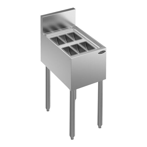 A Krowne Royal Series free-standing garnish station with four metal containers inside.